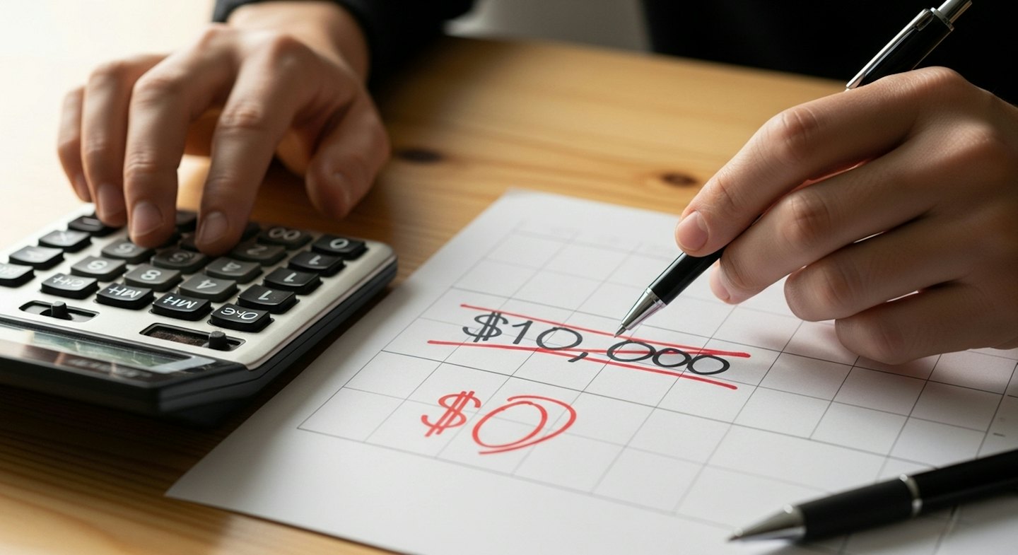 Handen die financiën berekenen op een houten bureau met een notitieblok.